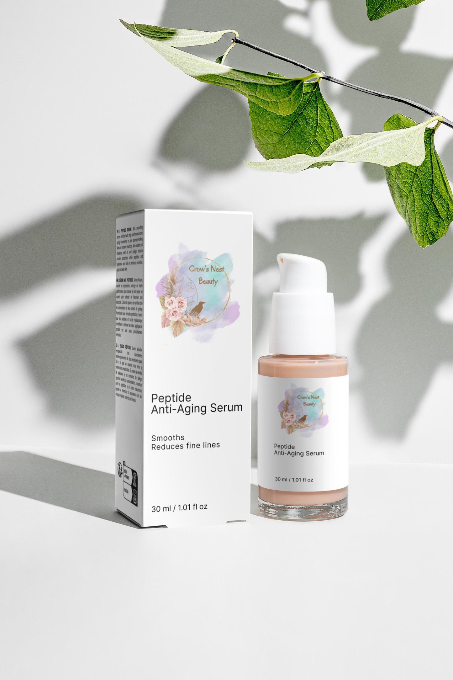 Peptide anti-aging serum with packaging on a light background