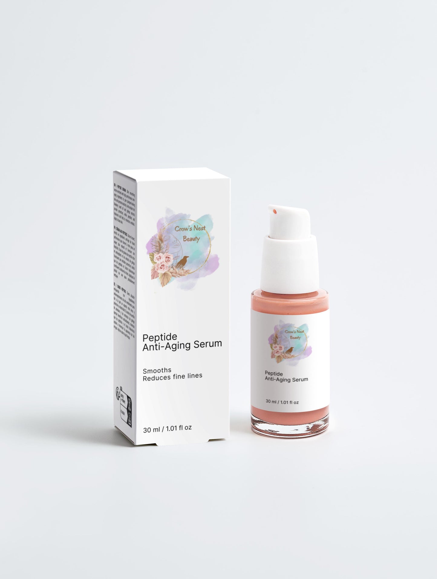 Peptide anti-aging serum bottle and packaging on a white background